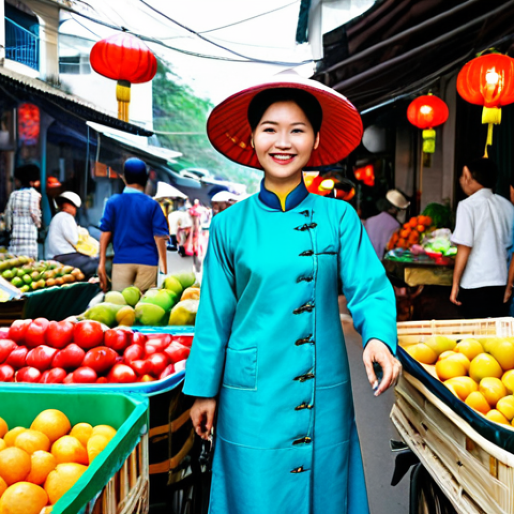 **

"A vibrant, bustling Vietnamese street market during the day. A friendly female vendor in a traditional Ao Dai, fully clothed and modest, is selling colorful tropical fruits. The market is filled with people in appropriate attire, stalls overflowing with goods, and lanterns hanging overhead. Safe for work, perfect anatomy, natural proportions, professional photography, high quality, appropriate content, family-friendly."

**