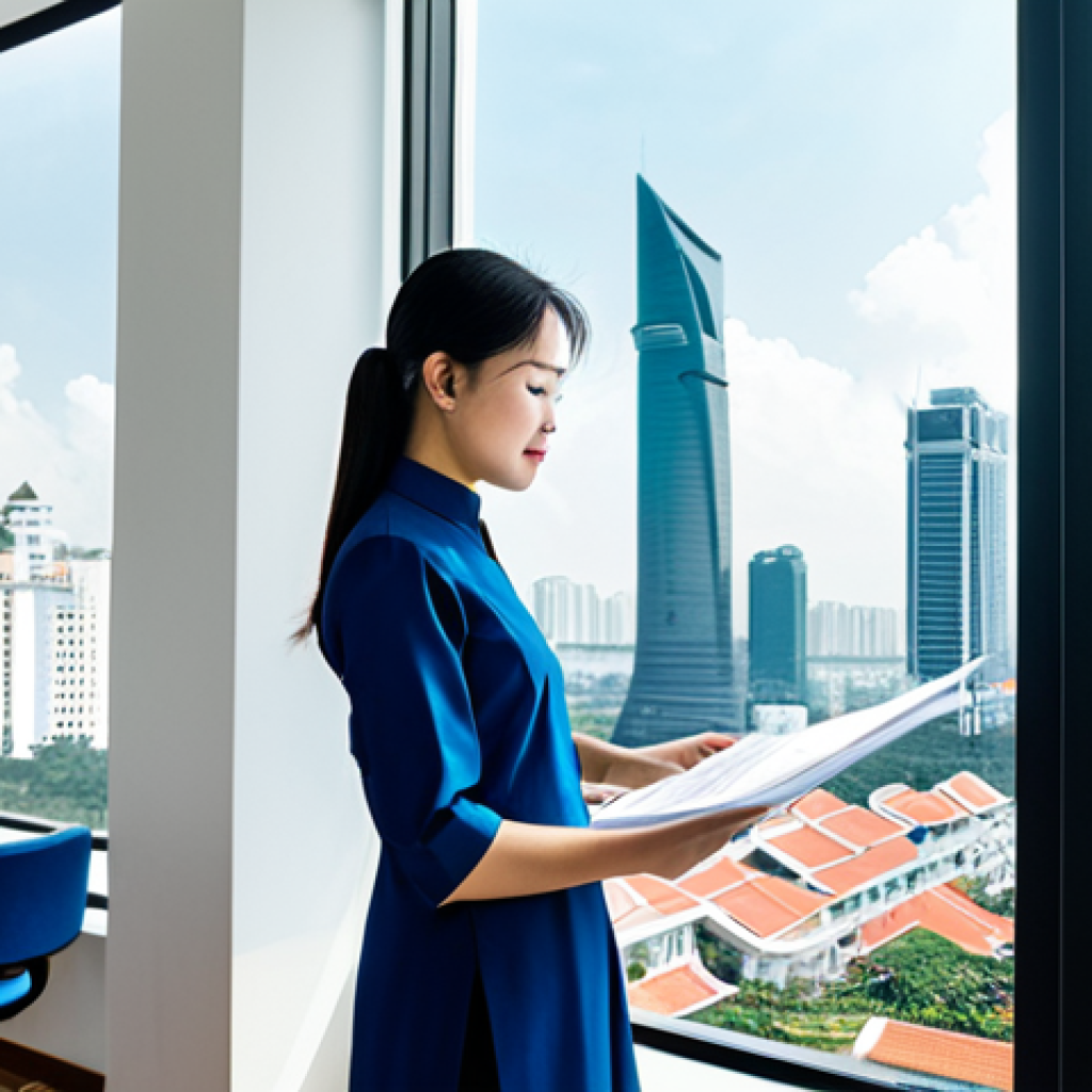 **

A professional female architect in a modern, sunlit office in Ho Chi Minh City, Vietnam. She's reviewing blueprints, wearing a modest ao dai suitable for a business environment. Behind her, a large window showcases the city skyline. Perfect anatomy, correct proportions, well-formed hands, natural pose, fully clothed, appropriate attire, professional, safe for work, family-friendly, high resolution.

**