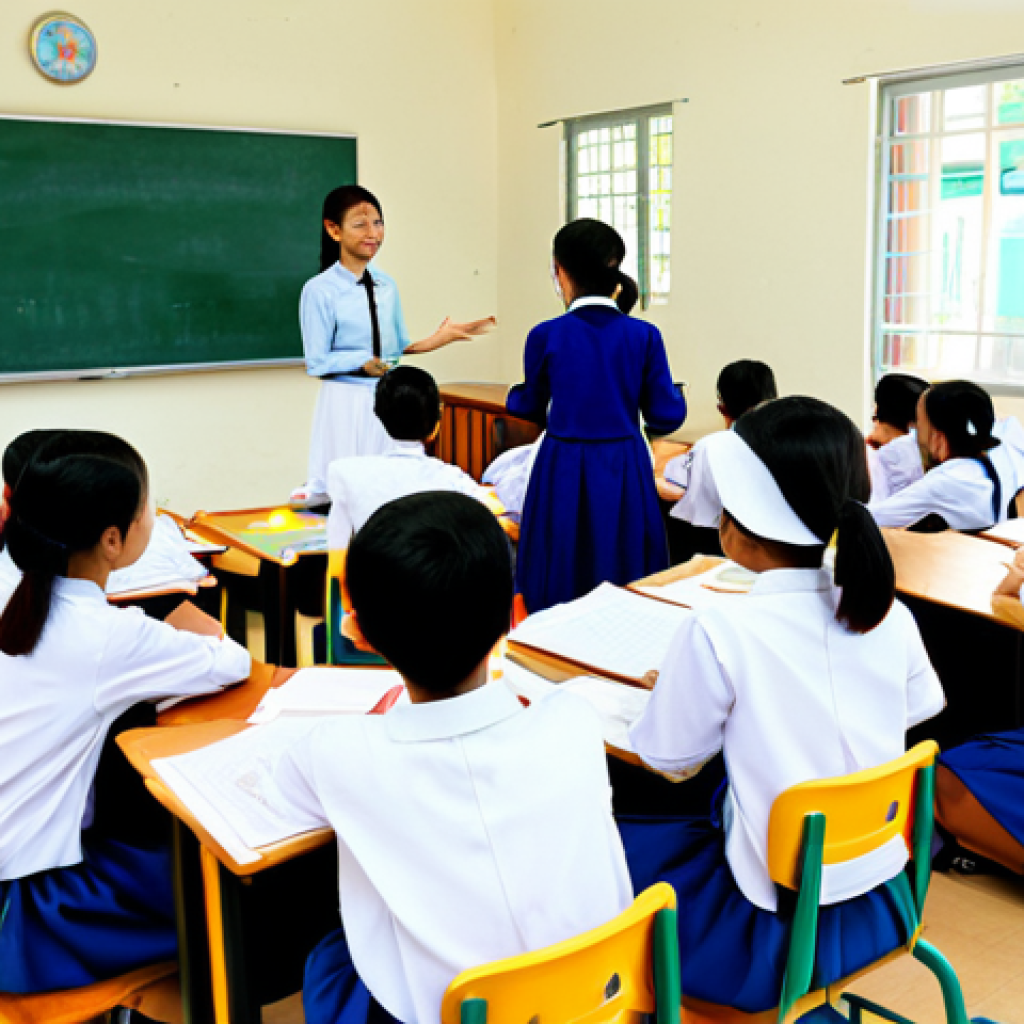 Interactive Classroom**

A vibrant classroom scene in Vietnam, featuring students actively engaged in a group project using a large interactive whiteboard. The teacher is facilitating, encouraging participation. Students are dressed in ao dai or modern, modest school uniforms. The classroom is decorated with local artwork and student projects. Focus on collaboration and enthusiasm. Safe for work, appropriate content, fully clothed, family-friendly, perfect anatomy, natural proportions, professional photography, high quality.

**