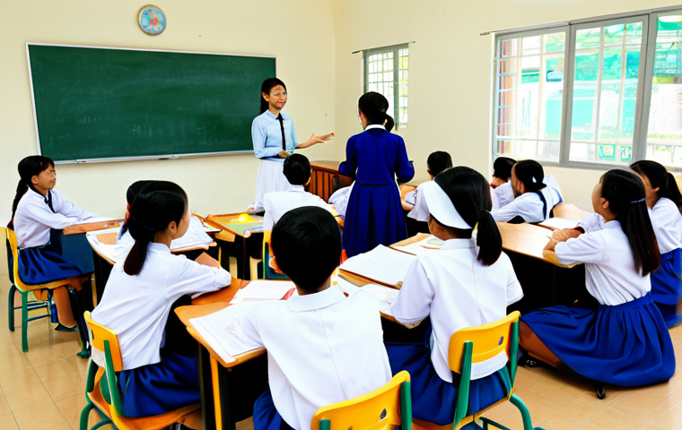 Interactive Classroom**

A vibrant classroom scene in Vietnam, featuring students actively engaged in a group project using a large interactive whiteboard. The teacher is facilitating, encouraging participation. Students are dressed in ao dai or modern, modest school uniforms. The classroom is decorated with local artwork and student projects. Focus on collaboration and enthusiasm. Safe for work, appropriate content, fully clothed, family-friendly, perfect anatomy, natural proportions, professional photography, high quality.

**