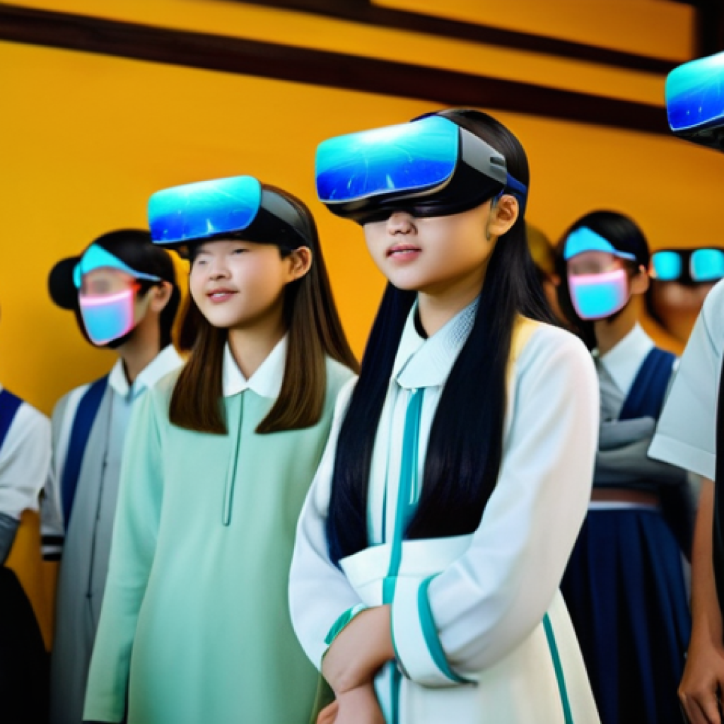 혼합 현실 MR  기술과 몰입형 학습 - **Prompt:** A group of diverse teenage students, approximately 15 years old, wearing modern casual s...