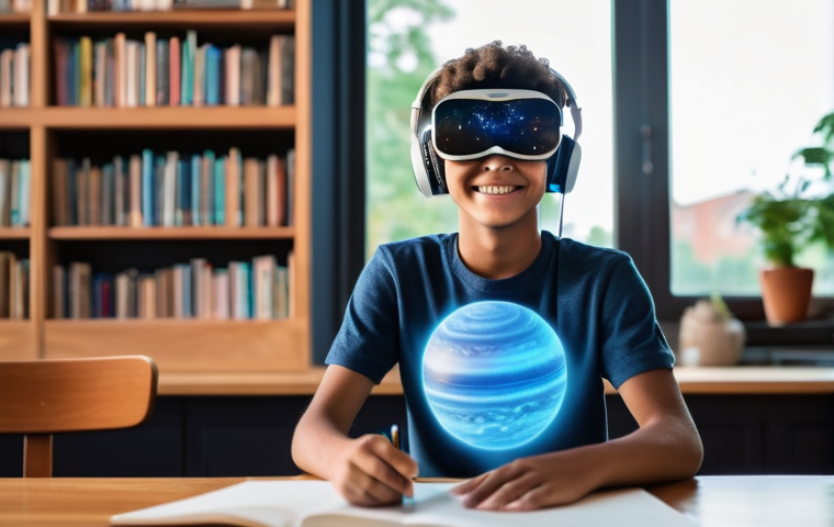 혼합 현실 MR  기술과 몰입형 학습 - **Prompt:** Three university students, dressed in clean, white lab coats over their everyday clothin...