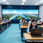 Home 19 몰입형 학습을 위한 콘텐츠 제작 가이드 - A modern virtual classroom scene showcasing Vietnamese university students engaged in interactive e-...