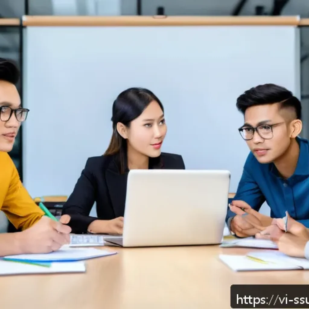 몰입형 학습 환경에서의 팀워크 증진 방법 - A diverse group of Vietnamese young professionals sitting around a modern office table, actively eng...