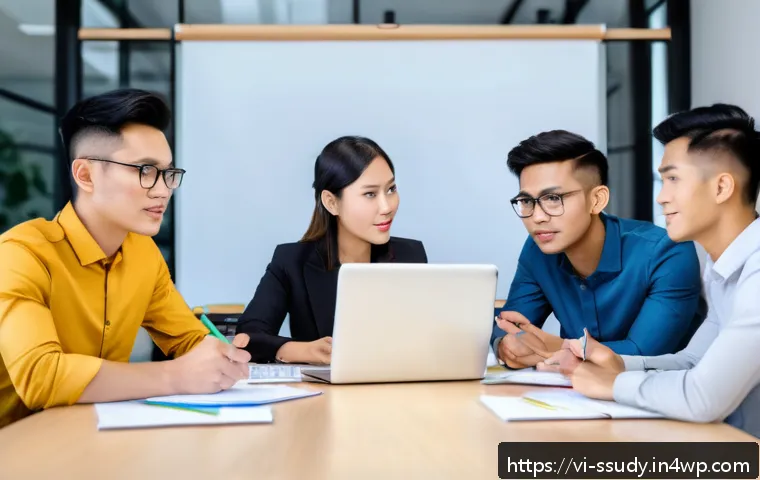 몰입형 학습 환경에서의 팀워크 증진 방법 - A diverse group of Vietnamese young professionals sitting around a modern office table, actively eng...