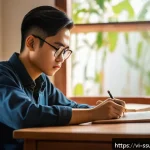 Home 23 몰입형 학습을 위한 실습 기반 접근법 - A focused Vietnamese student sitting at a tidy wooden desk in a quiet room with warm natural light c...