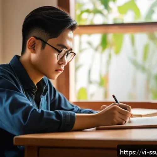 Home 17 몰입형 학습을 위한 실습 기반 접근법 - A focused Vietnamese student sitting at a tidy wooden desk in a quiet room with warm natural light c...