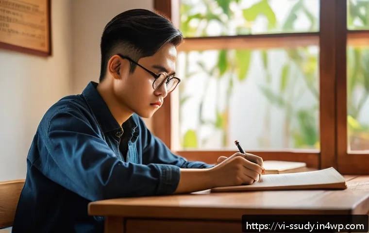 몰입형 학습을 위한 실습 기반 접근법 - A focused Vietnamese student sitting at a tidy wooden desk in a quiet room with warm natural light c...